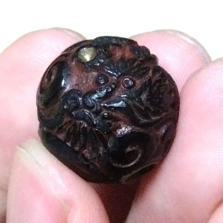 Ｔ*様 明治期　龍　彫漆 堆黒 緒締め玉 根付 提物　時代物