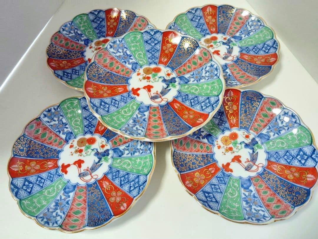 お正月　翔山窯　金彩古伊万里　菊割　輪花　銘々皿揃 5枚