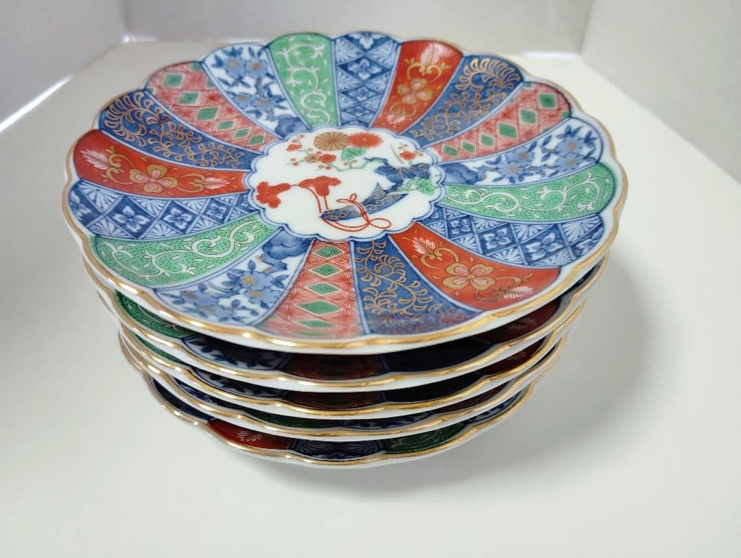 お正月　翔山窯　金彩古伊万里　菊割　輪花　銘々皿揃 5枚