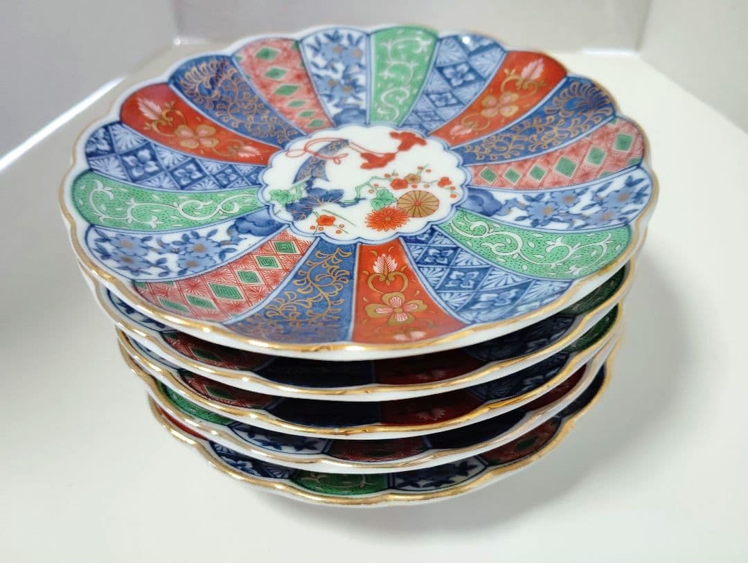 お正月　翔山窯　金彩古伊万里　菊割　輪花　銘々皿揃 5枚