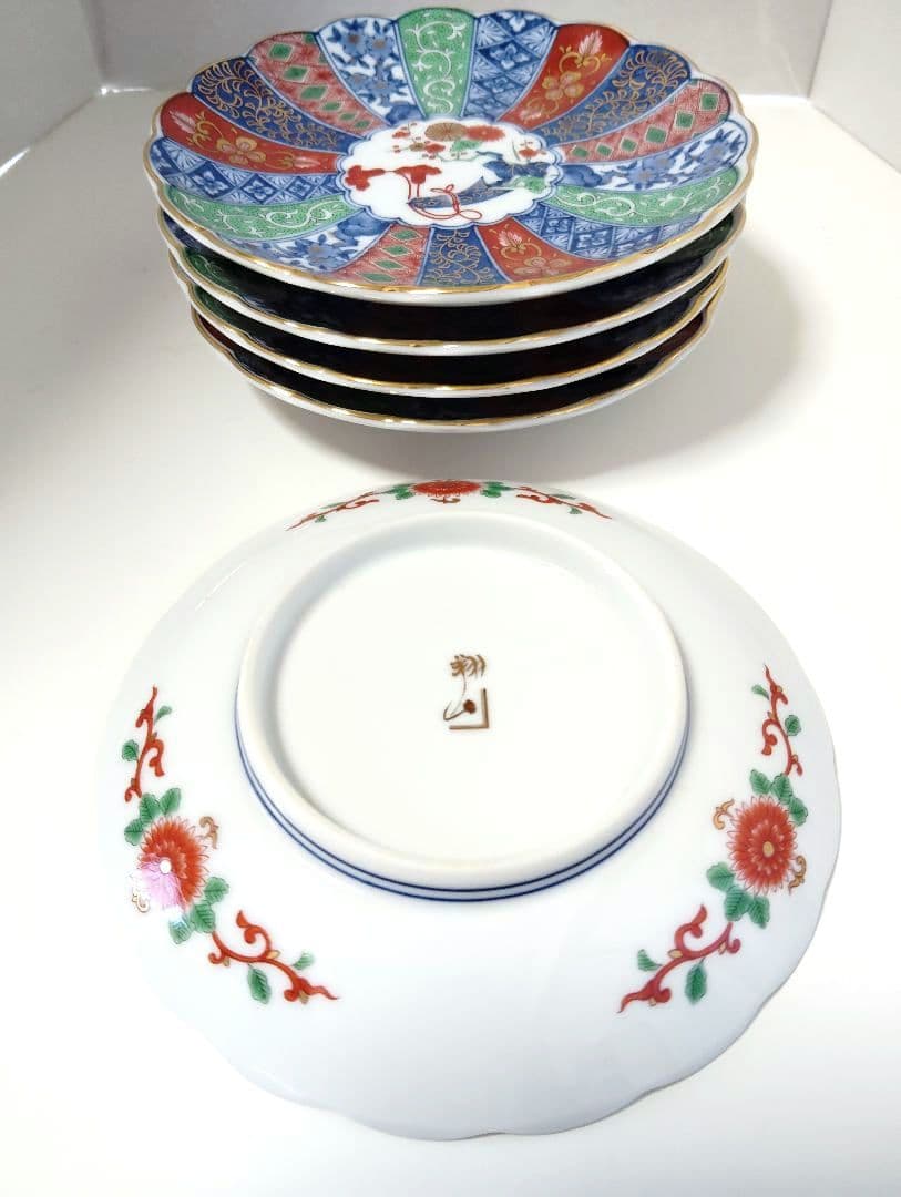 お正月　翔山窯　金彩古伊万里　菊割　輪花　銘々皿揃 5枚