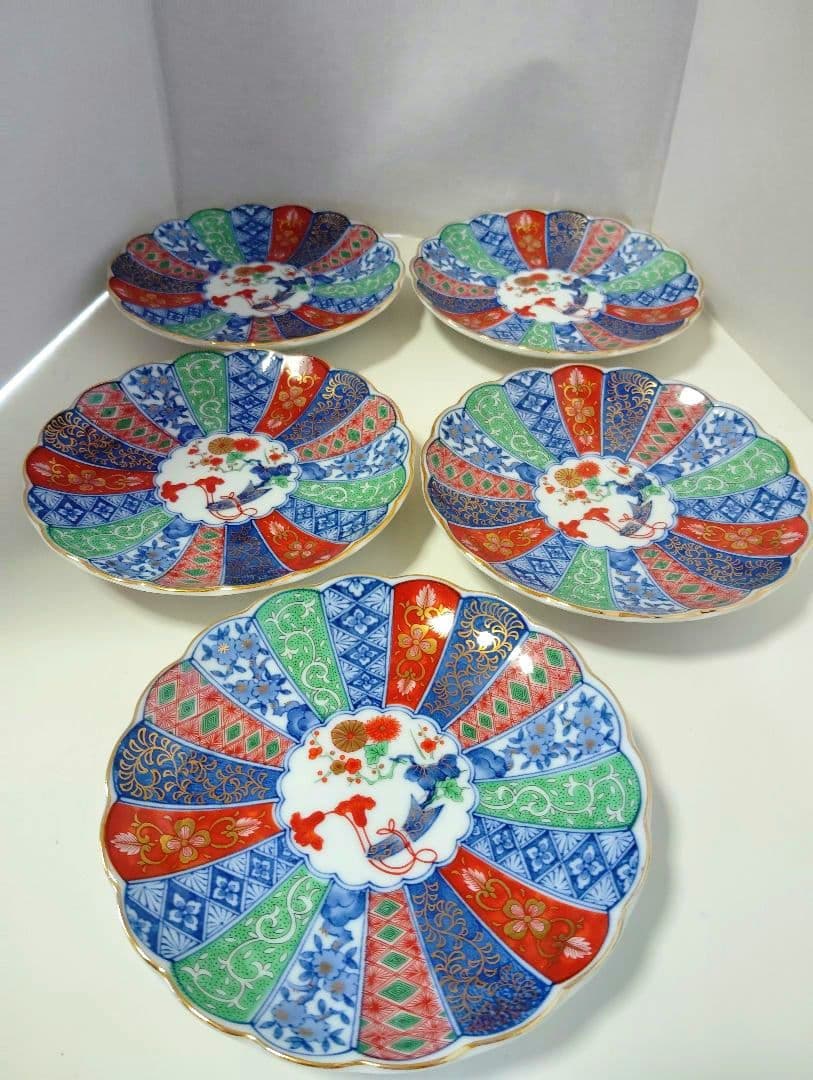 お正月　翔山窯　金彩古伊万里　菊割　輪花　銘々皿揃 5枚