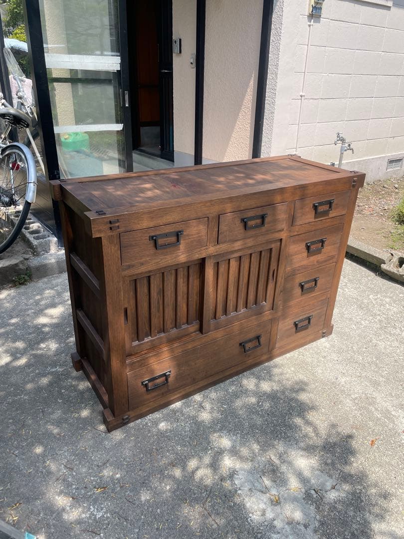 天然木 民芸家具 和箪笥 和風チェスト 水屋箪笥 引き戸付き 収納箪笥 小引出し