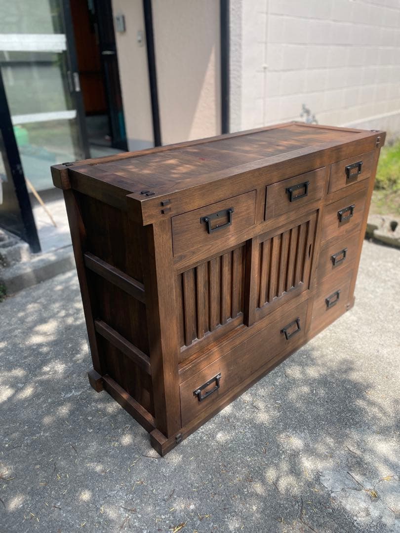 天然木 民芸家具 和箪笥 和風チェスト 水屋箪笥 引き戸付き 収納箪笥 小引出し