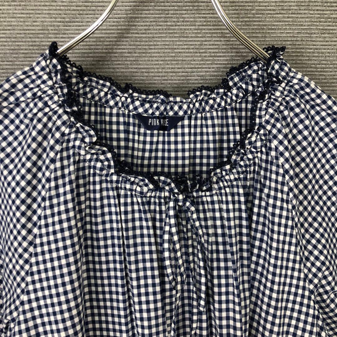 PINK HOUSE ギンガムチェックワンピース ワッペン ピコフリル ブルー