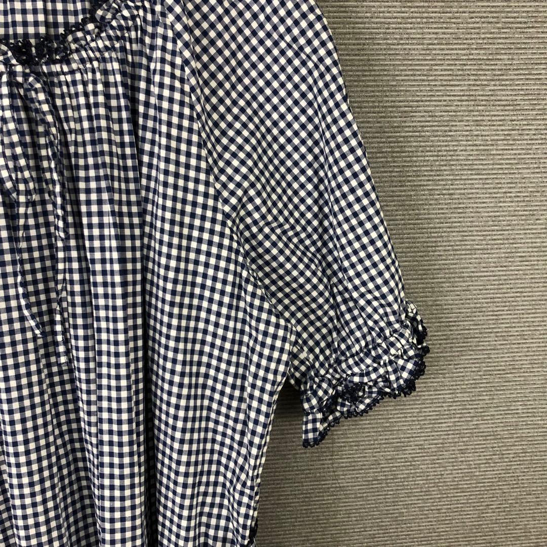 PINK HOUSE ギンガムチェックワンピース ワッペン ピコフリル ブルー