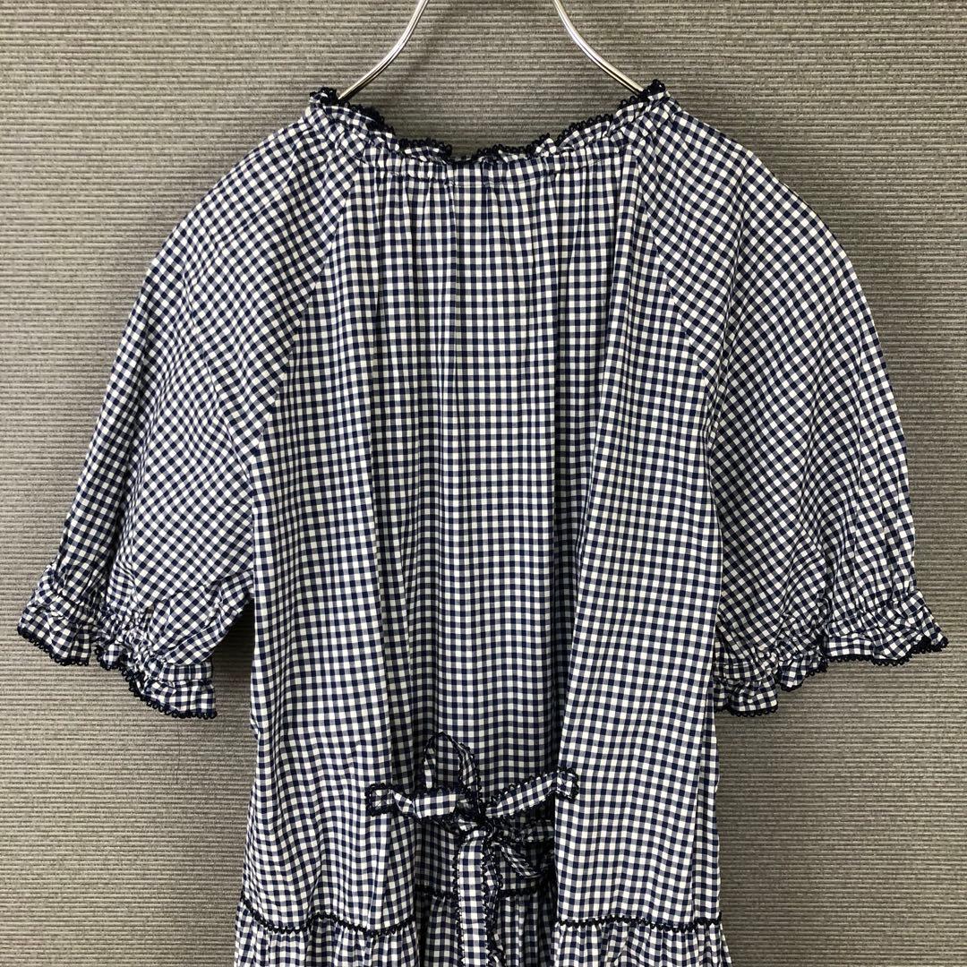 PINK HOUSE ギンガムチェックワンピース ワッペン ピコフリル ブルー