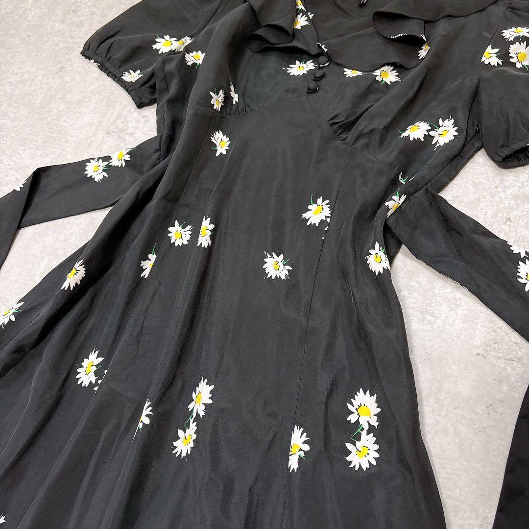 美品✨シルク100 マークジェイコブス　花柄ロングワンピース　ウエストリボン　黒