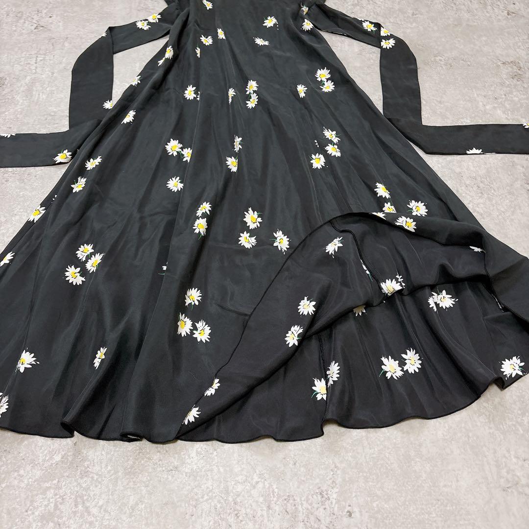 美品✨シルク100 マークジェイコブス　花柄ロングワンピース　ウエストリボン　黒