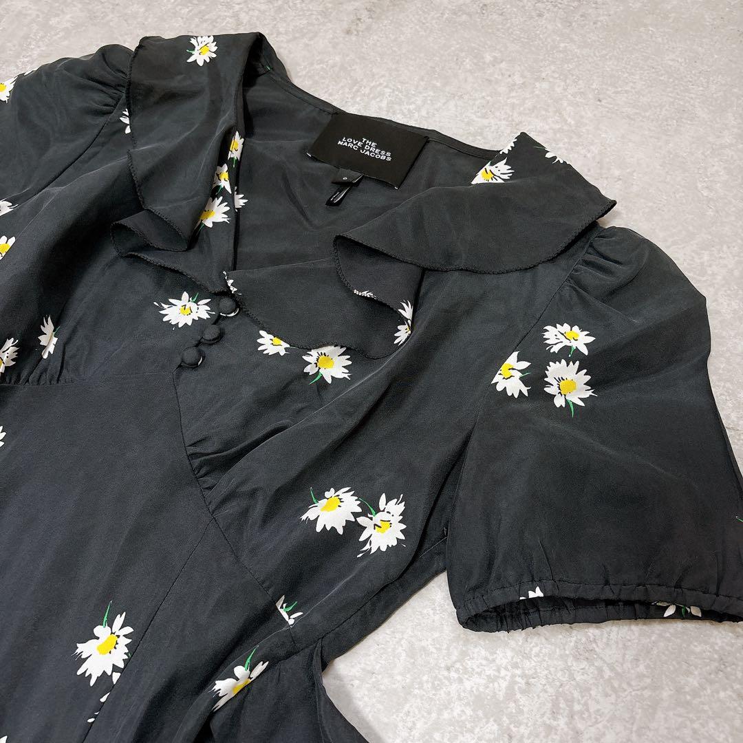 美品✨シルク100 マークジェイコブス　花柄ロングワンピース　ウエストリボン　黒