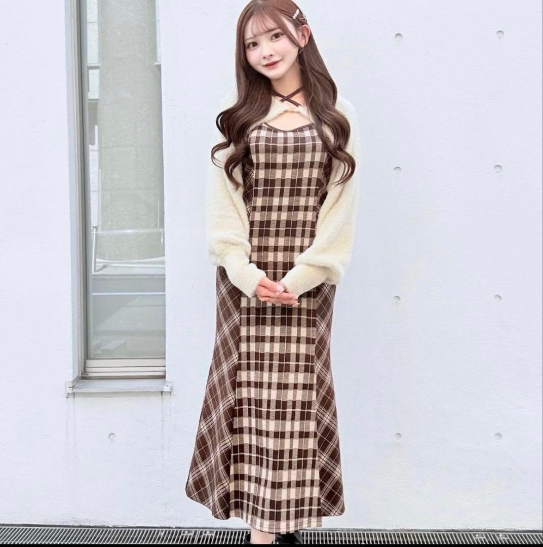 one way NOMAE シャギーボレロロングチェックワンピース