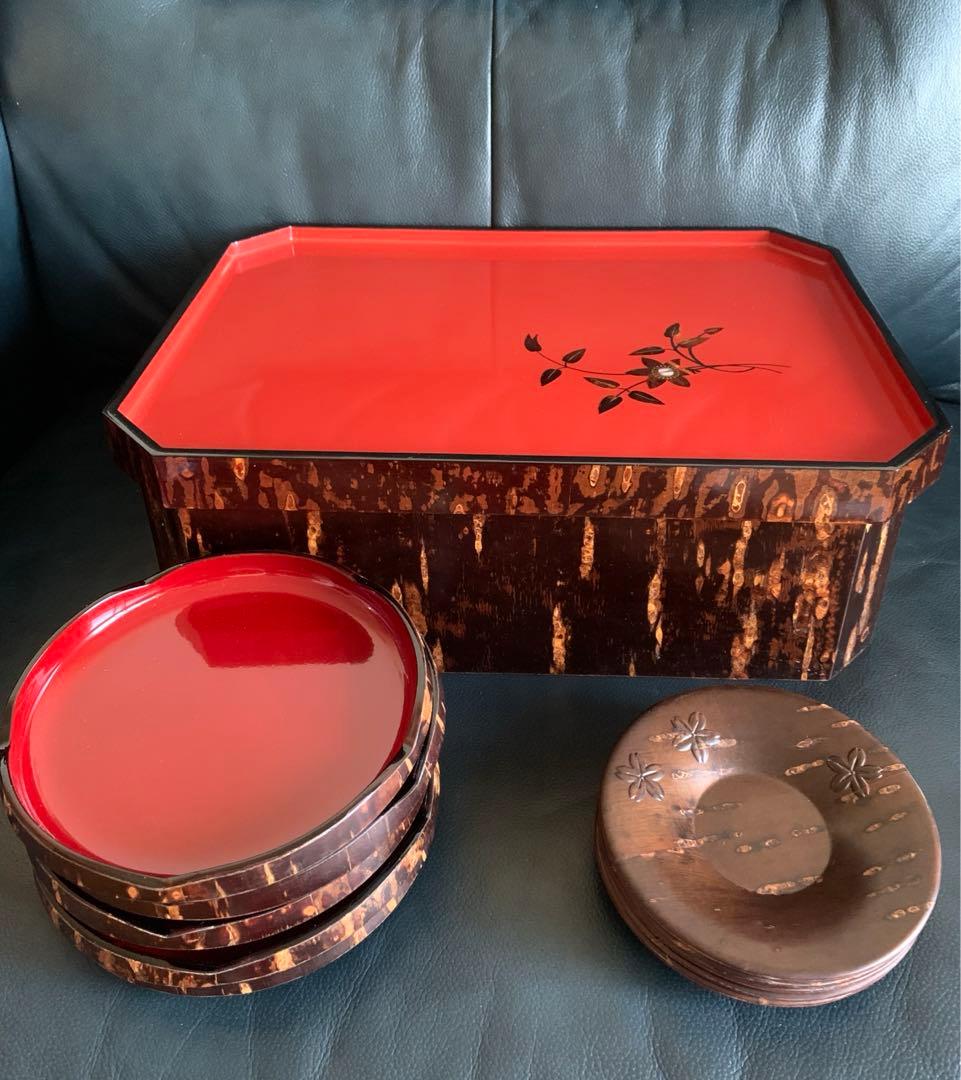 桜皮細工　茶道具　茶櫃　角形　茶托　菓子皿　お盆　皿　器　伝統工芸　漆器　螺鈿