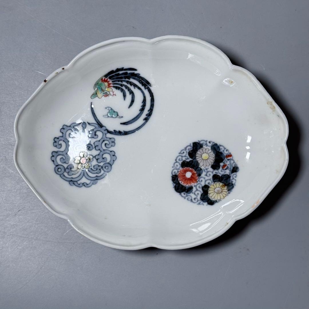 大正〜昭和初期　十二代柿右衛門　錦　丸文様　鳳凰文　変形皿　角福　5枚　希少な器