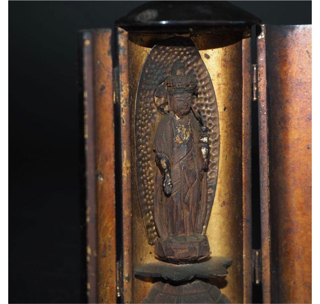 ジュン送料無料　江戸時代　大御輪寺　木彫り観音立像 厨子厨子高さ8.6ｃｍ