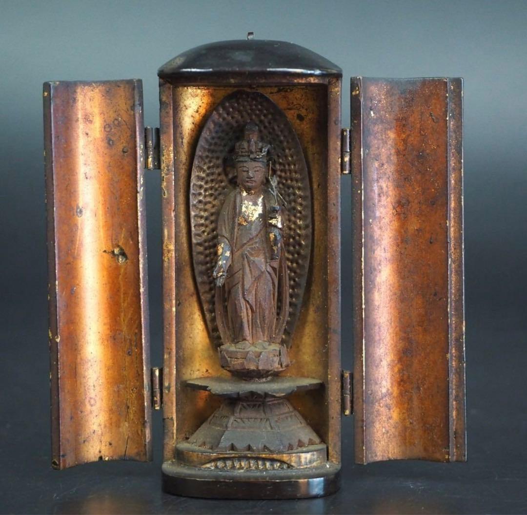 ジュン送料無料　江戸時代　大御輪寺　木彫り観音立像 厨子厨子高さ8.6ｃｍ