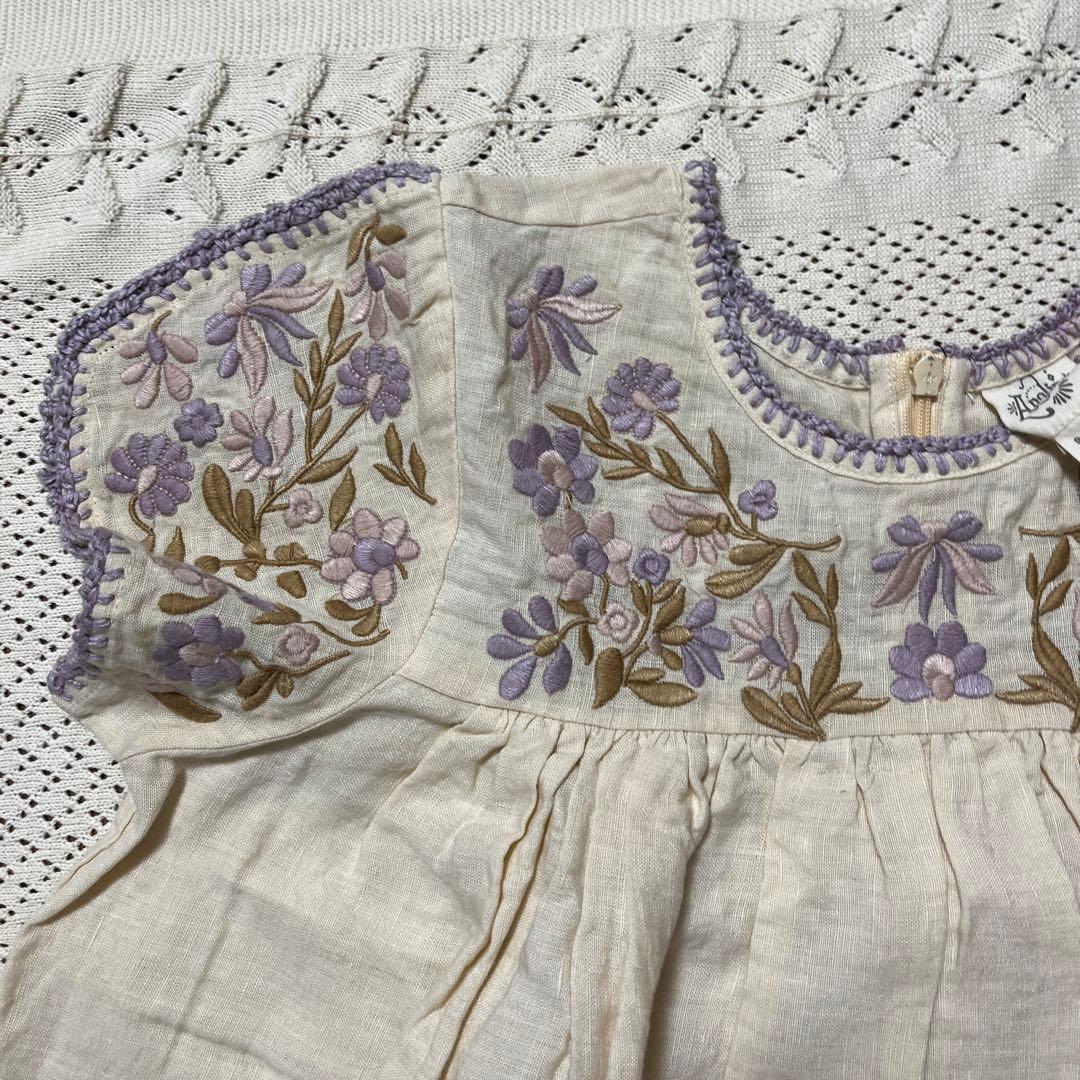 Apolina 花刺繍 半袖ワンピース　リネン　9-11Y