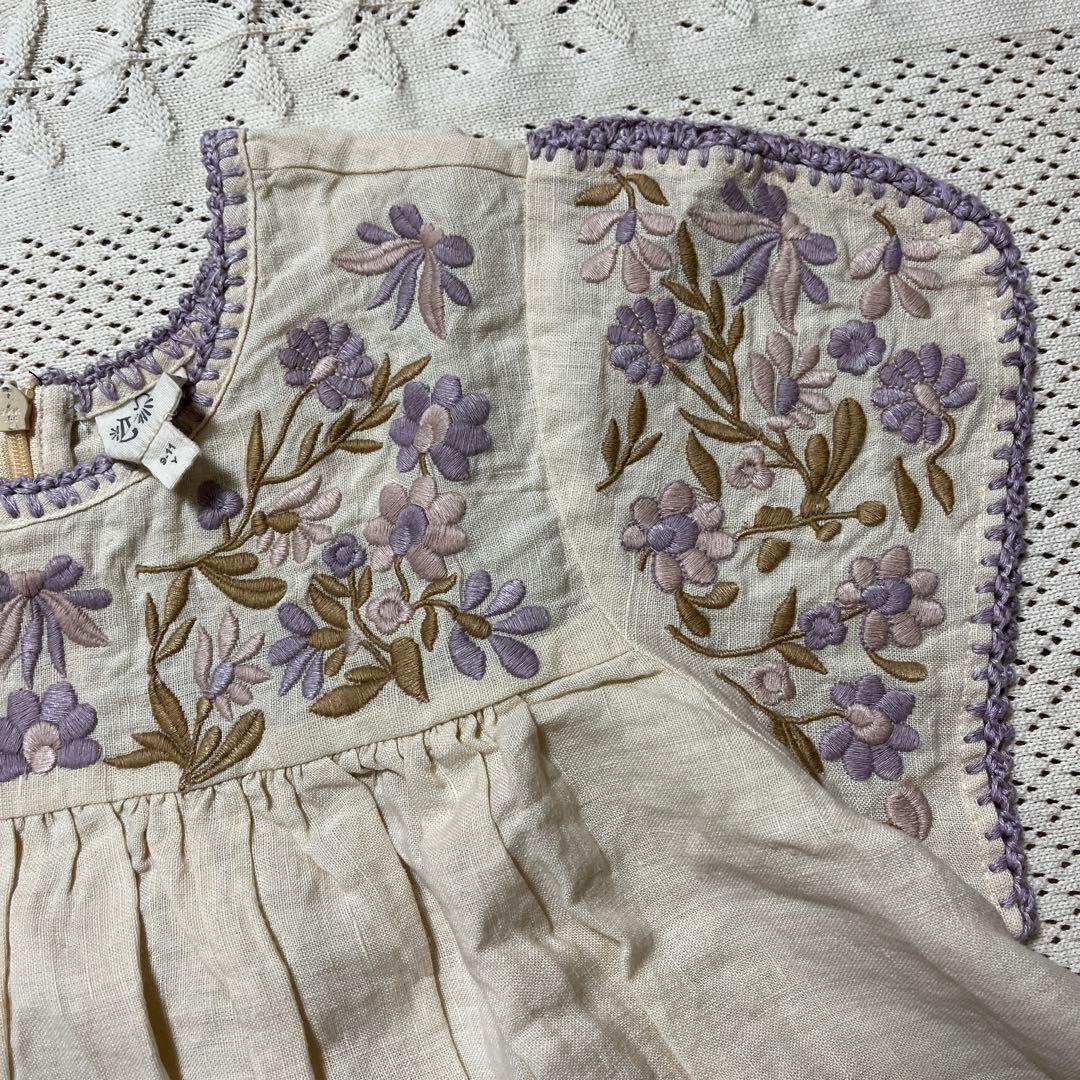 Apolina 花刺繍 半袖ワンピース　リネン　9-11Y