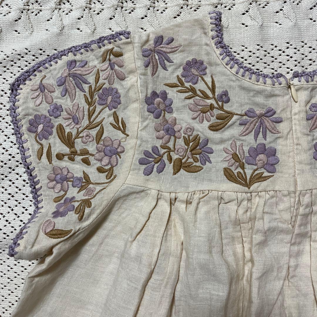 Apolina 花刺繍 半袖ワンピース　リネン　9-11Y