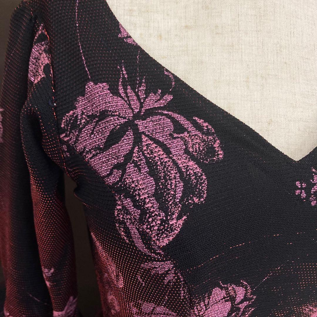 良品 フラメンコ ワンピース 伸びる生地 花柄 ピンクラメ ゴージャスフリル 黒