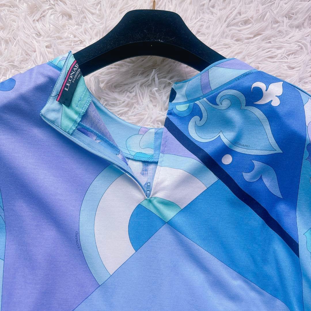 極美品✨LEONARD レオナール 半袖カットソー 花柄 トリム ブルー L