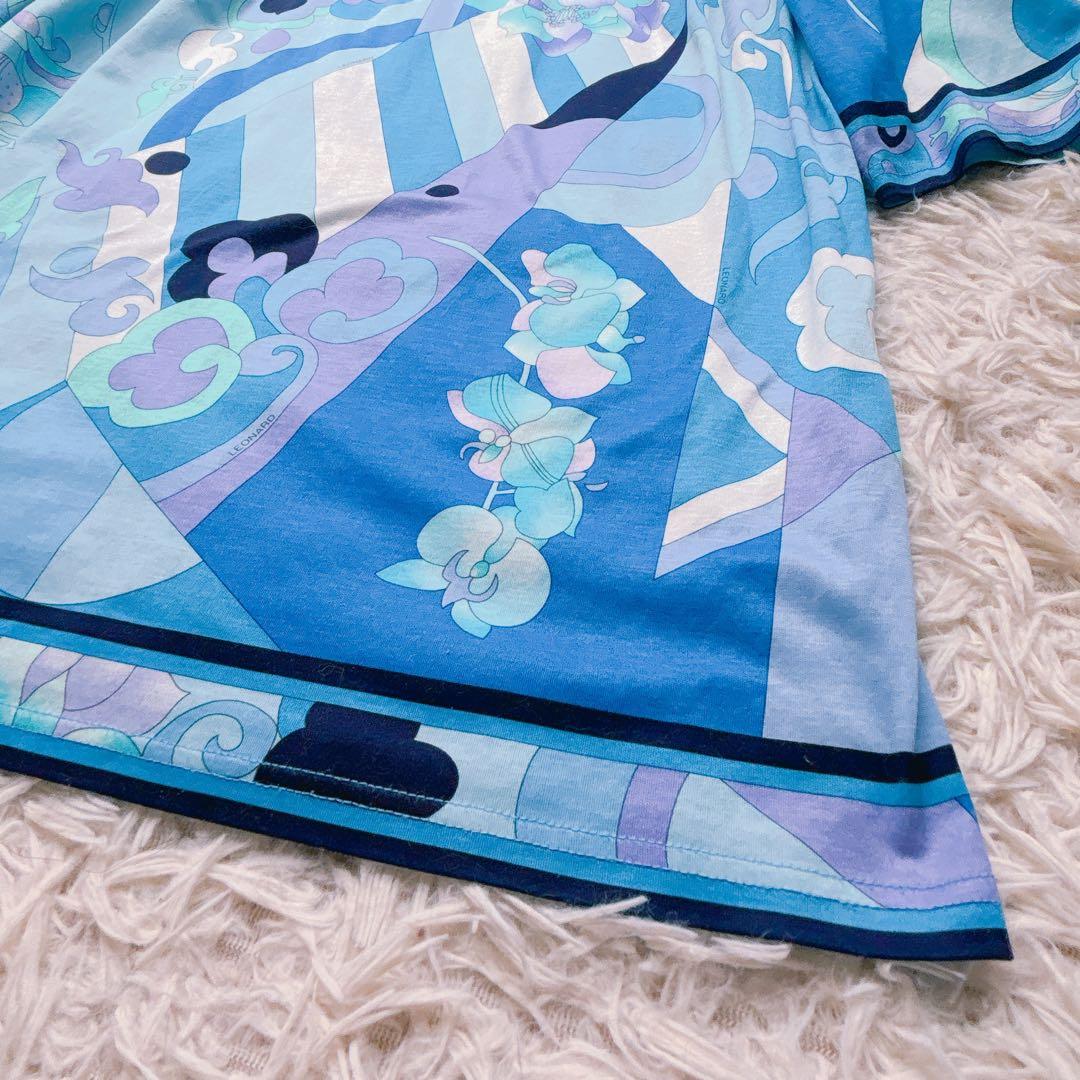 極美品✨LEONARD レオナール 半袖カットソー 花柄 トリム ブルー L