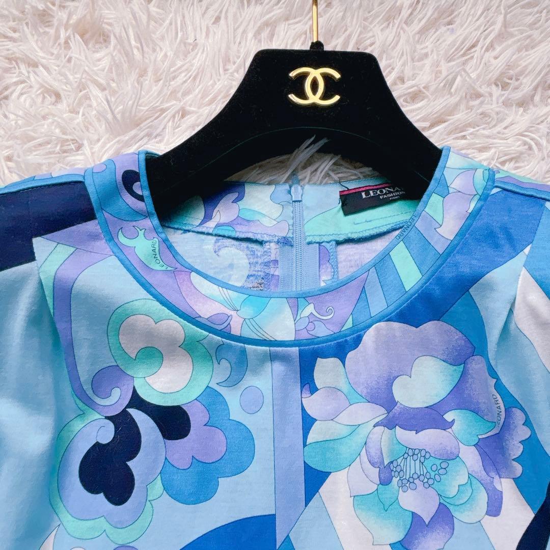 極美品✨LEONARD レオナール 半袖カットソー 花柄 トリム ブルー L