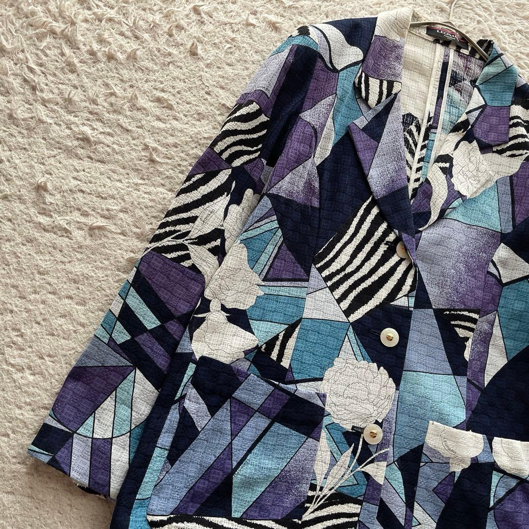 【大きいサイズXL】レオナール テーラードジャケット 総柄 コットン ネイビー