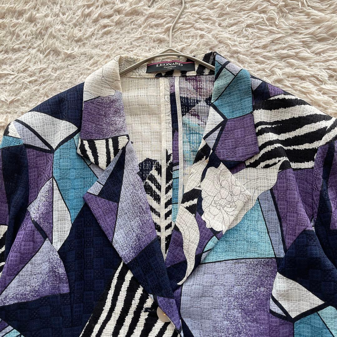 【大きいサイズXL】レオナール テーラードジャケット 総柄 コットン ネイビー