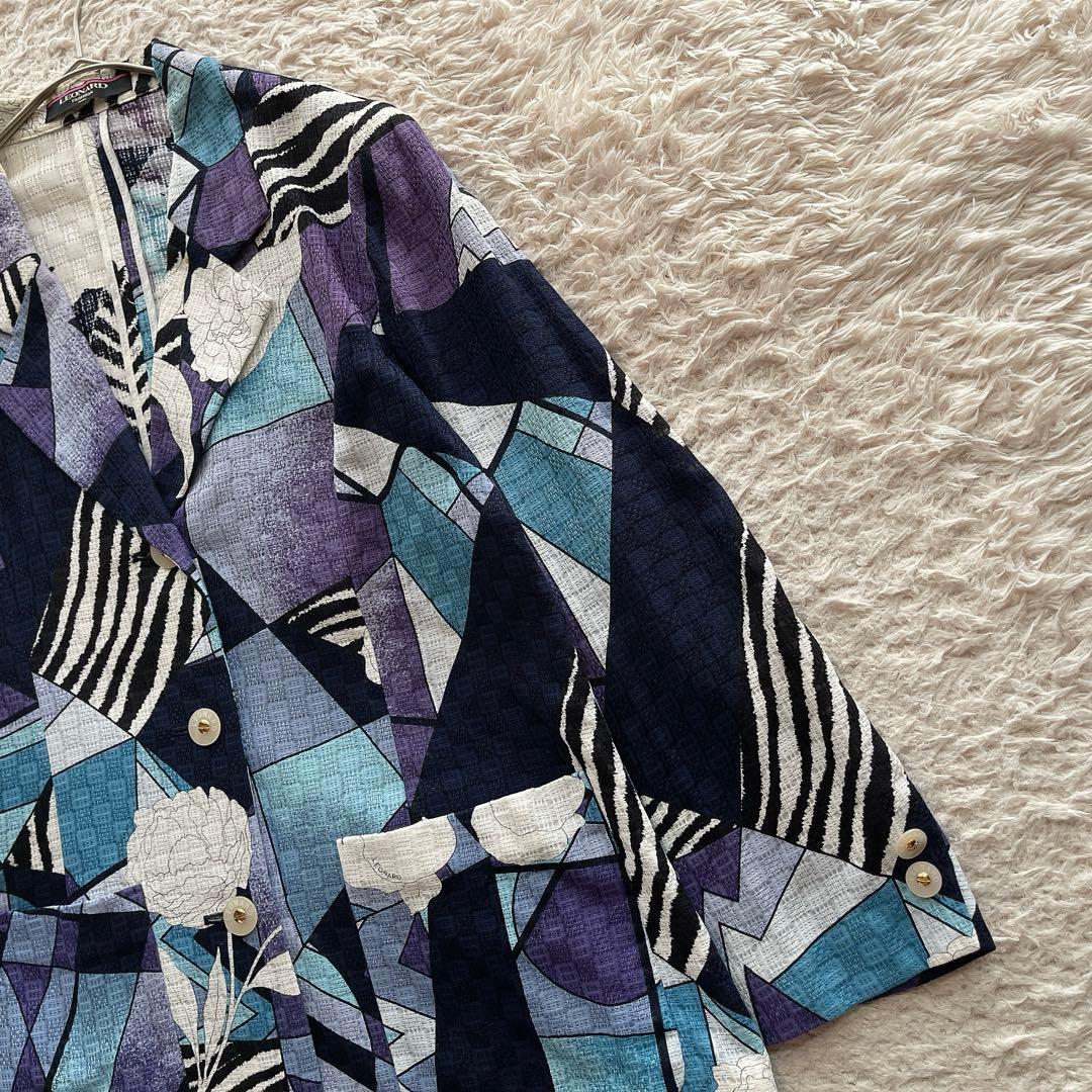 【大きいサイズXL】レオナール テーラードジャケット 総柄 コットン ネイビー