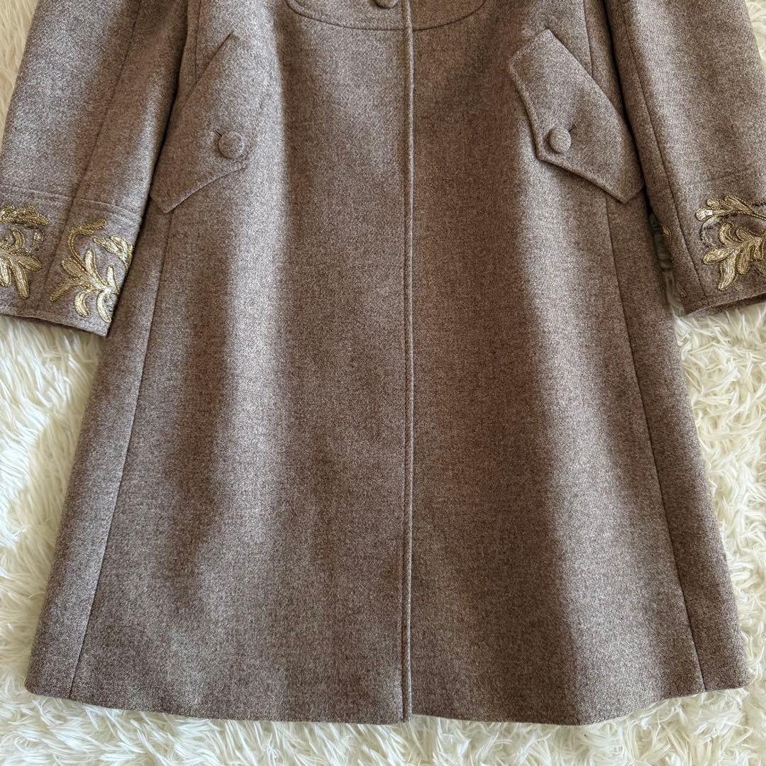 【未使用に近い】ブルマリン　ロングコート　ウール　刺繍　グレージュ　Lサイズ
