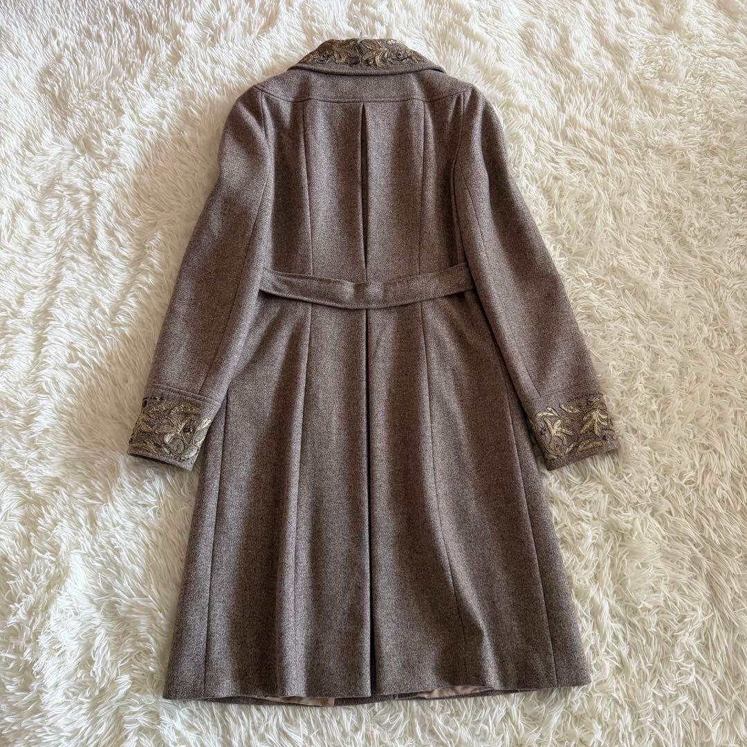 【未使用に近い】ブルマリン　ロングコート　ウール　刺繍　グレージュ　Lサイズ