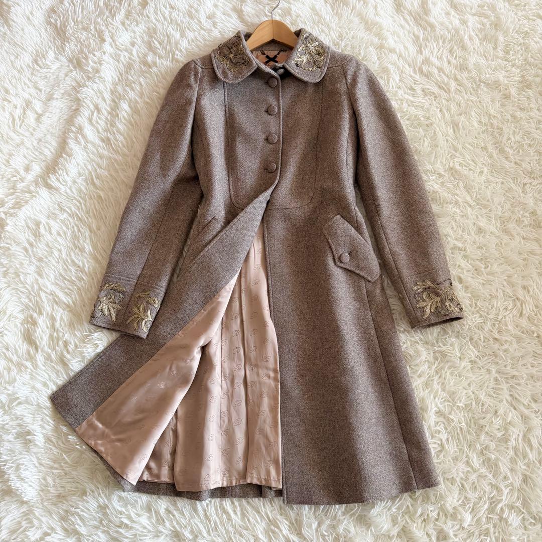 【未使用に近い】ブルマリン　ロングコート　ウール　刺繍　グレージュ　Lサイズ