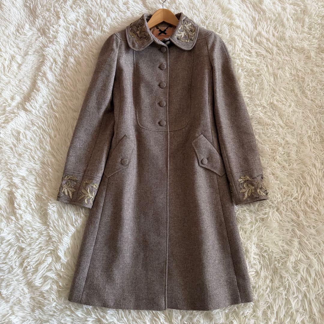 【未使用に近い】ブルマリン　ロングコート　ウール　刺繍　グレージュ　Lサイズ