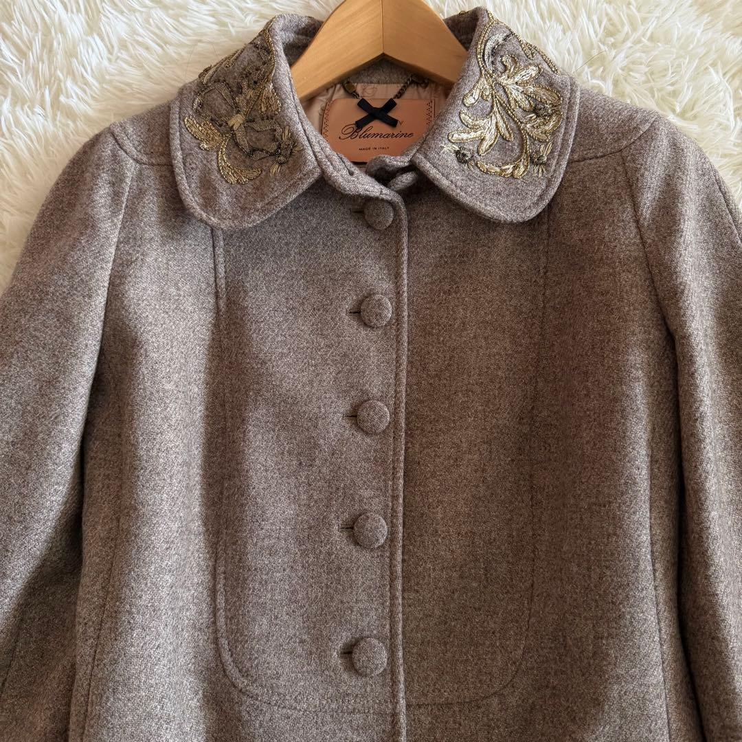 【未使用に近い】ブルマリン　ロングコート　ウール　刺繍　グレージュ　Lサイズ