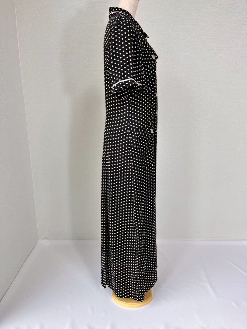 総柄 ドット柄 シェルボタン 前ボタン ロングワンピース ブラックY909
