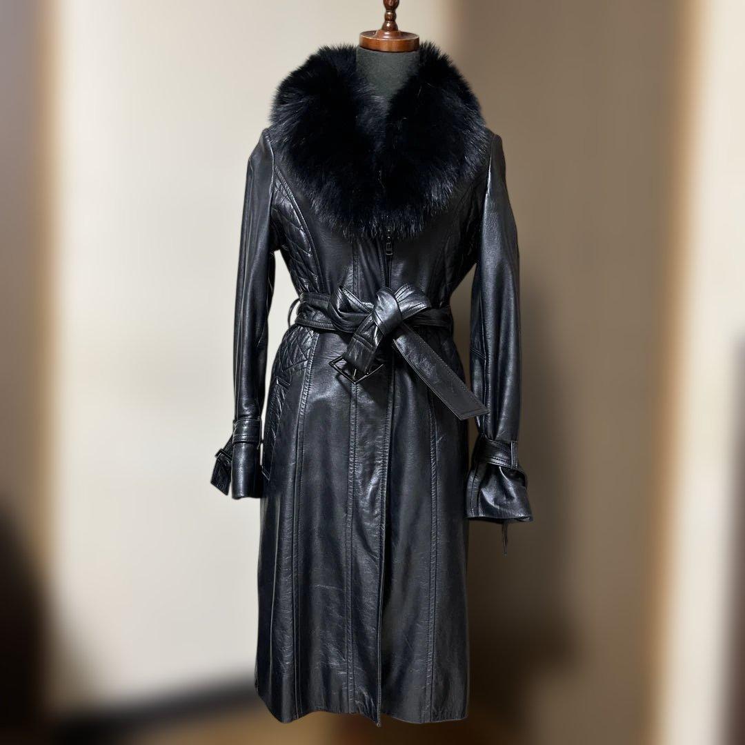 革コートピンキー&ダイアンベルトブルーフォックスファーブラック