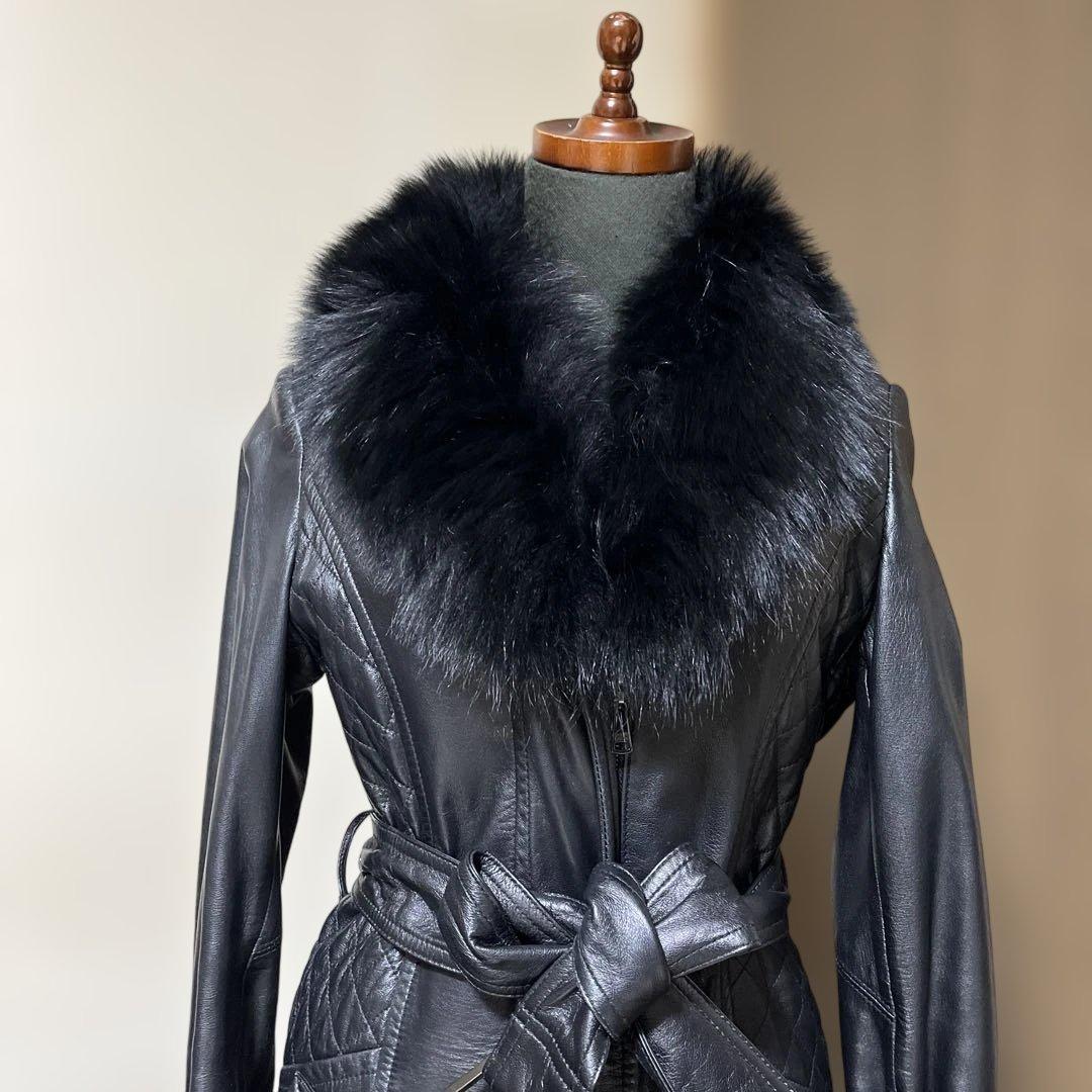 革コートピンキー&ダイアンベルトブルーフォックスファーブラック