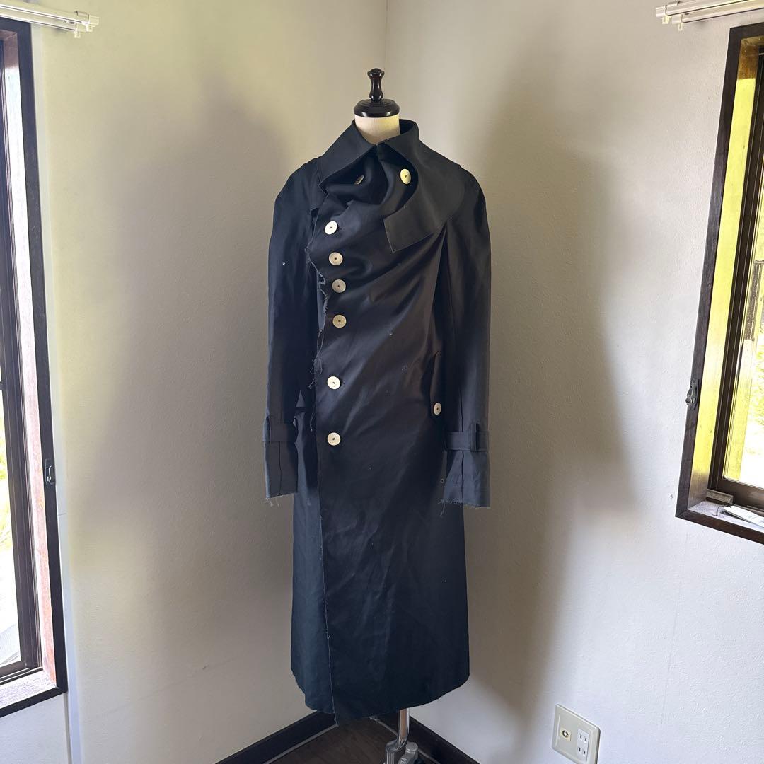 A.W.A.K.E MODE ドレープデザインブラックダブルブレストロングコート