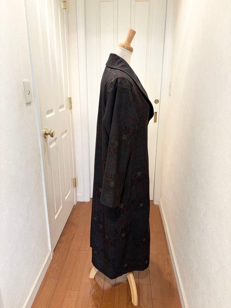 162 着物リメイク 正絹 本場大島紬 泥染亀甲吉祥花文 ロングコート リボン付