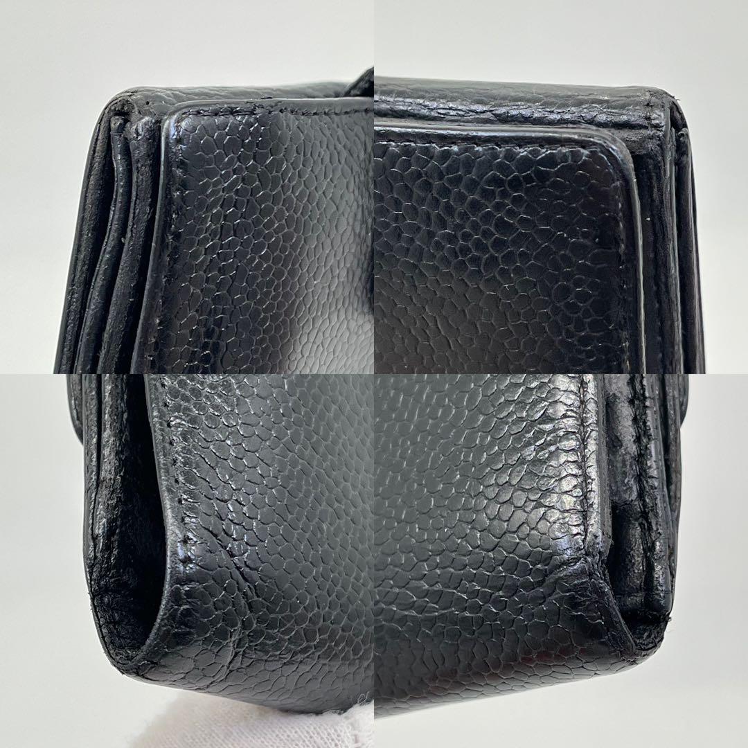 CHANEL 二つ折り財布 ココマーク コンパクト キャビアスキン 黒 レザー