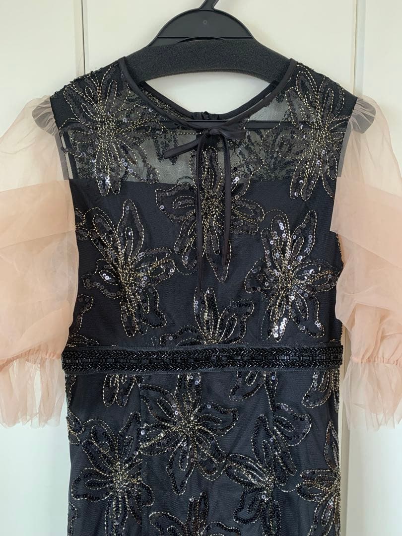 【LEJA】スパンコールフラワーリボンチュールワンピースドレス