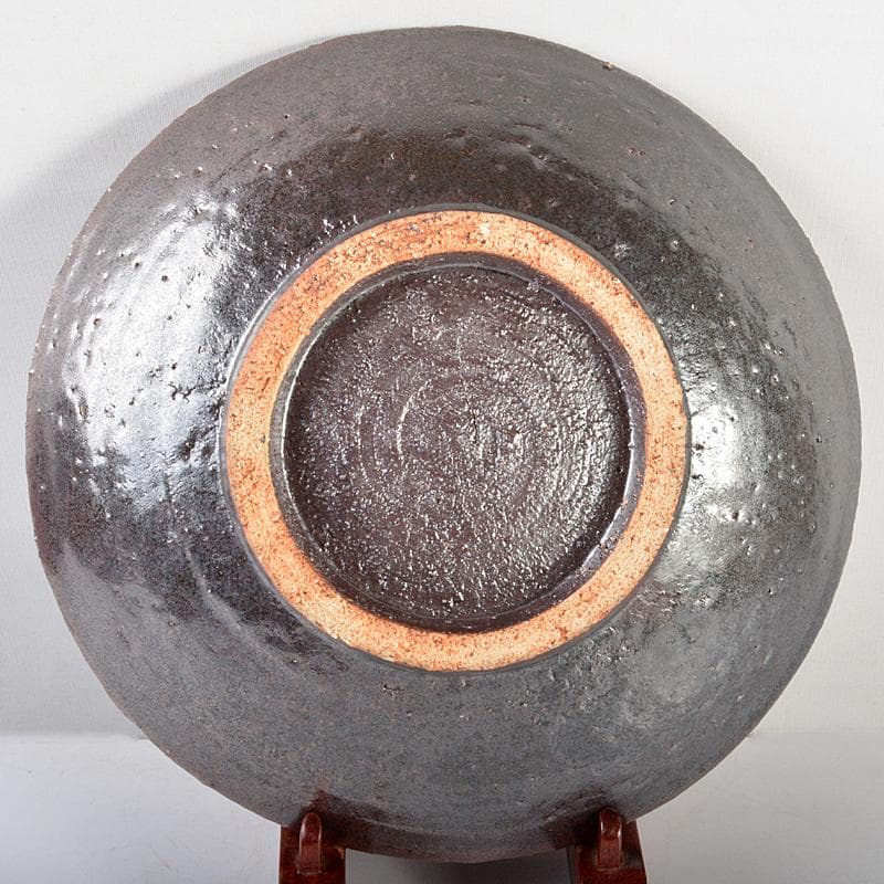 l-wap　河井博次作　鐵飴緑釉筒描皿　飾皿　河井紅苑識箱　V　R6070