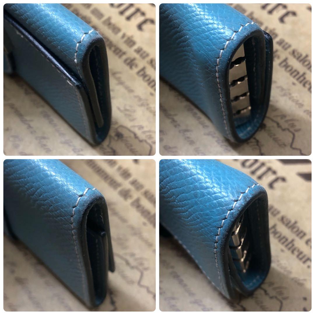 エルメス ベアン Hロゴ キーケース 4連 ブルー 刻印□L FM30