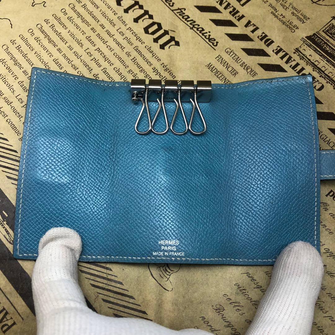 エルメス ベアン Hロゴ キーケース 4連 ブルー 刻印□L FM30