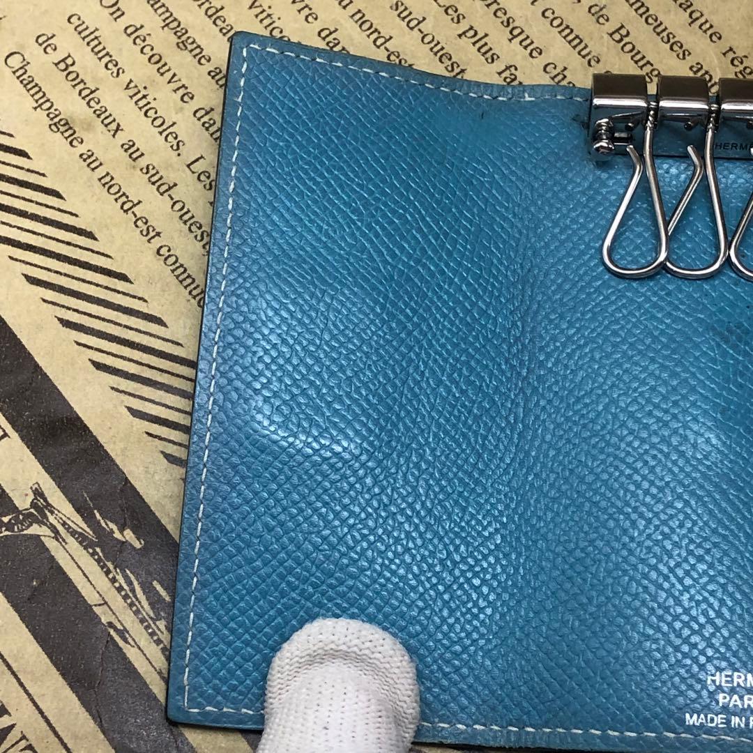 エルメス ベアン Hロゴ キーケース 4連 ブルー 刻印□L FM30