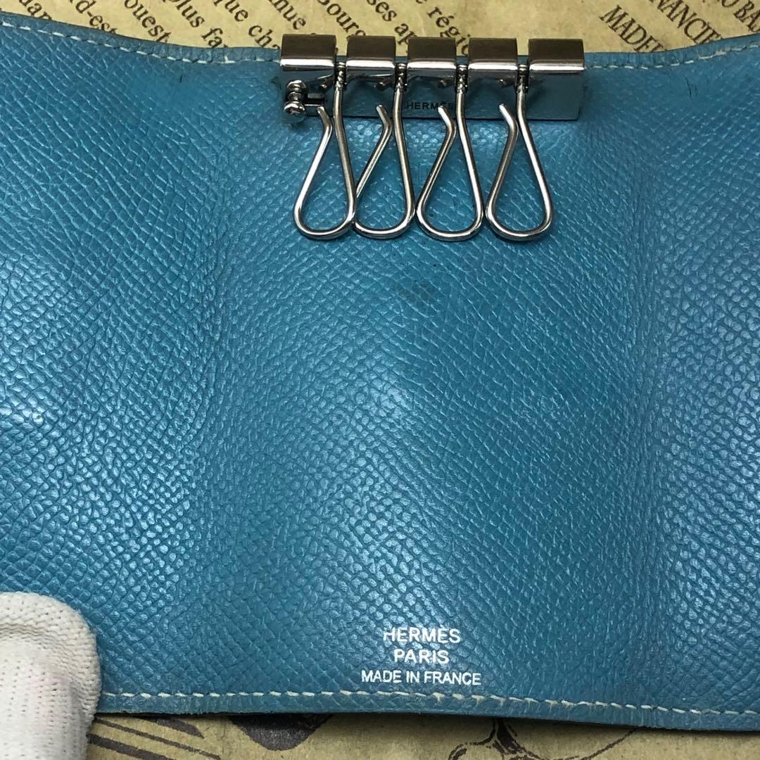 エルメス ベアン Hロゴ キーケース 4連 ブルー 刻印□L FM30