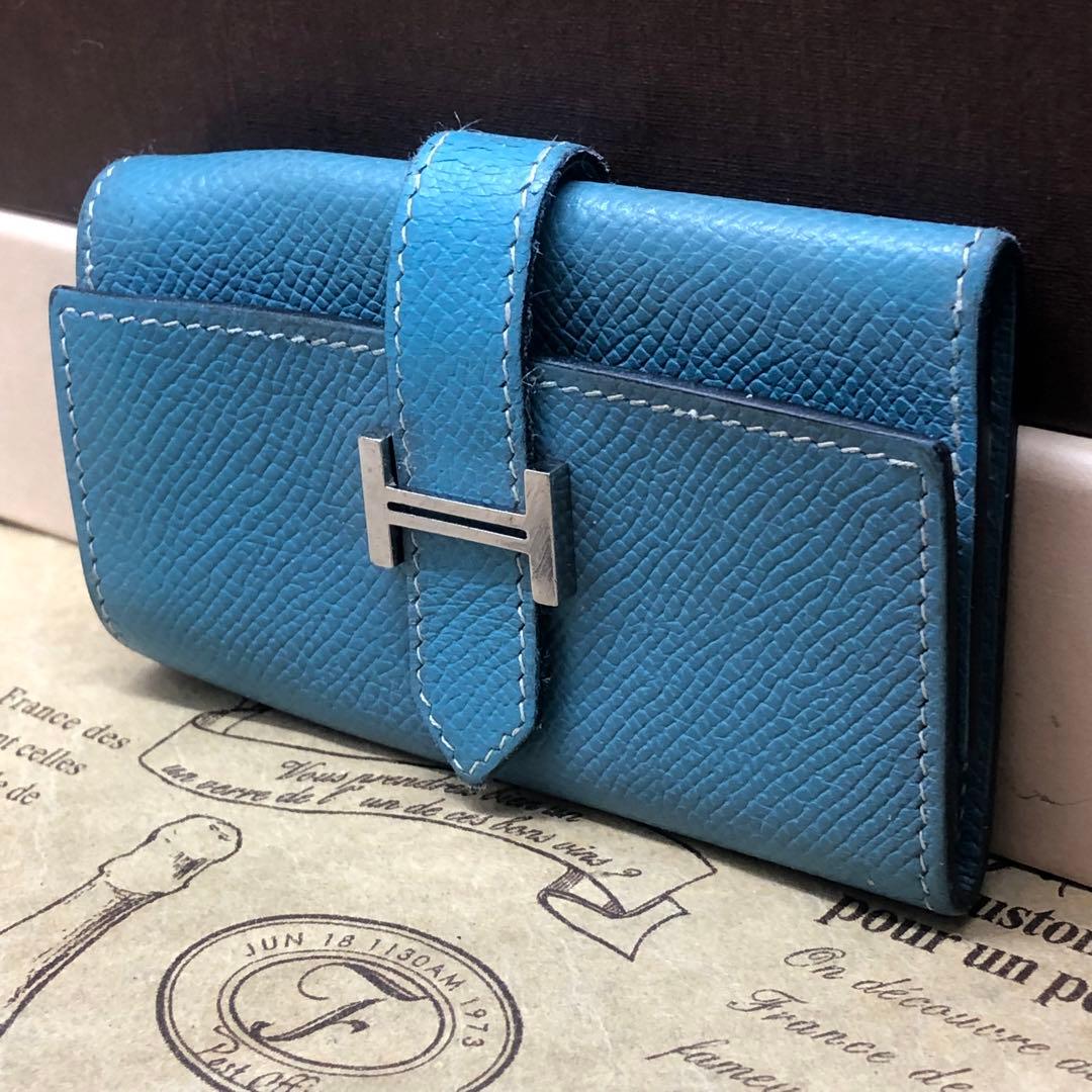 エルメス ベアン Hロゴ キーケース 4連 ブルー 刻印□L FM30