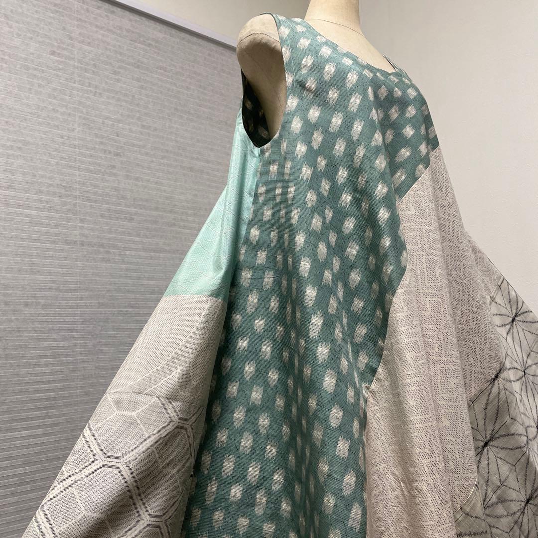 着物ワンピーステントラインロング丈《10》大島紬［都喜ヱ門&白大島］や紬L〜