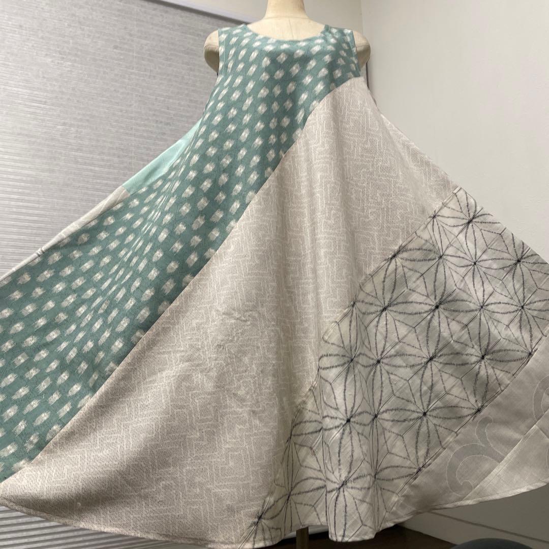 着物ワンピーステントラインロング丈《10》大島紬［都喜ヱ門&白大島］や紬L〜