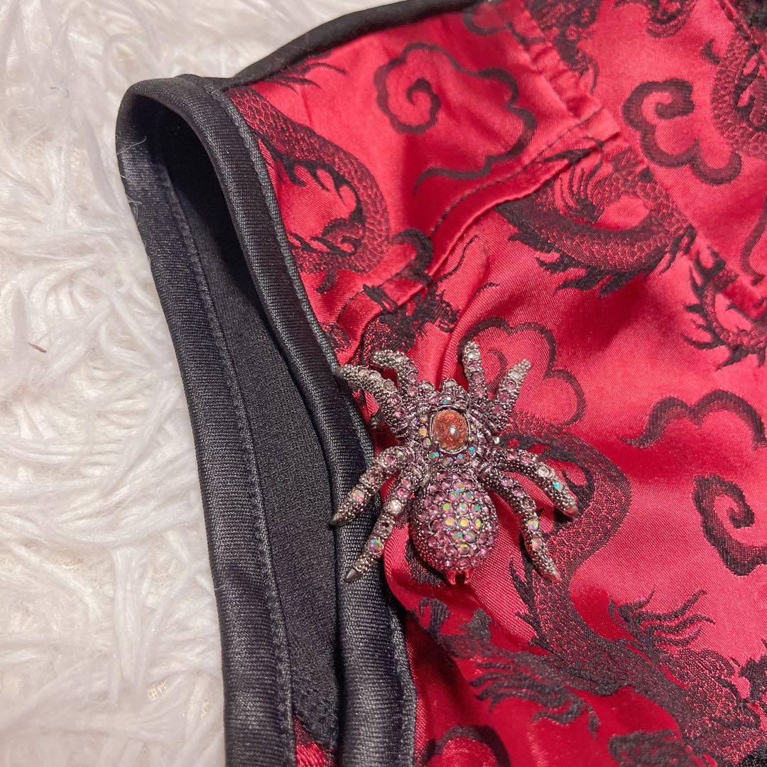 QutieFrash ドラゴン サテン ベスト コルセット レースアップ 赤